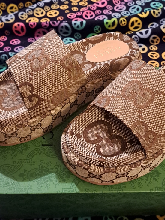 Gucci Shoes - Gucci Brown GG Jacquard Platform Slide Sandals